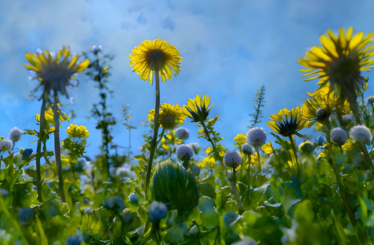 Bright yellow flowers under vibrant blue sky: a lively, colorful scene