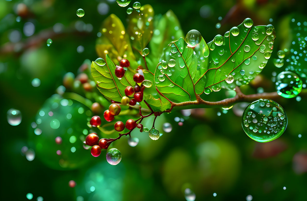 Vibrant green leaves, red berries, and sparkling water droplets in fresh natural scene