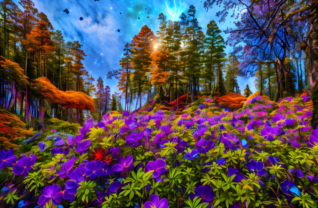 Colorful forest scene with purple flowers, orange foliage, and starry sky