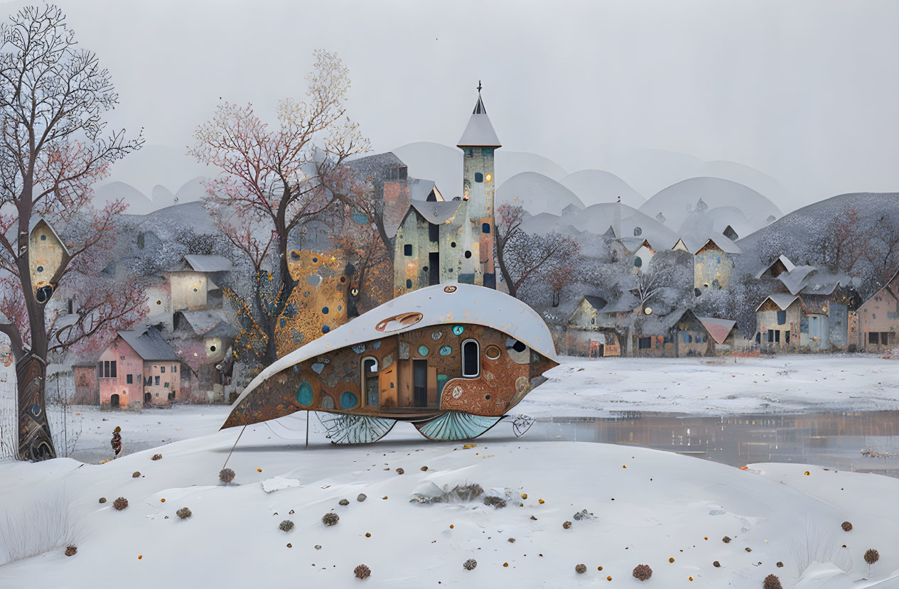 Colorful Winter Village with Clock Tower and Frozen Lake