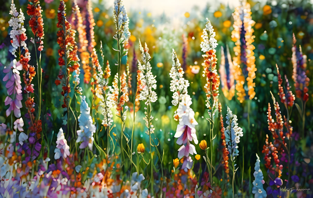 Vibrant tall flowers in colorful garden under soft sunlight