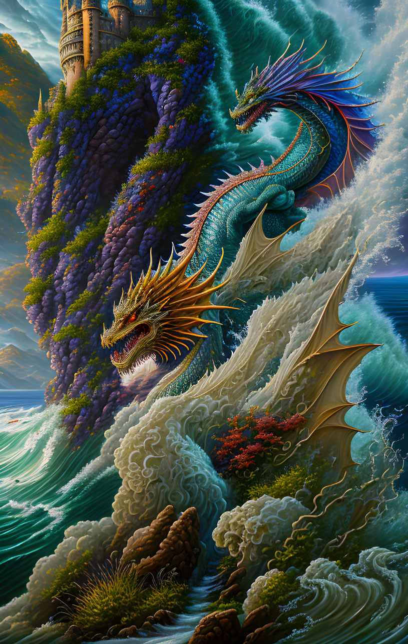 Golden-horned dragon flying past cliff-side castle over ocean waves