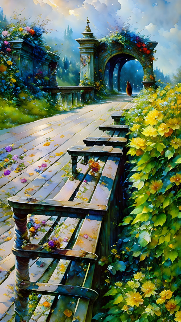 Impressionistic painting of sunlit garden path, flowers, bridge, and figure