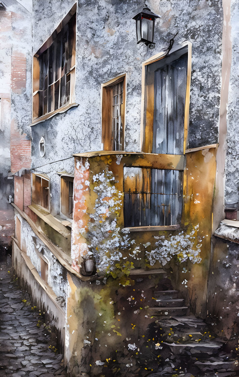 Charming watercolor painting of old stairway with flowering plants and rustic doorway