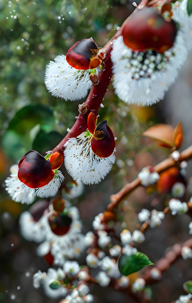 Detailed Close-Up of Vibrant Red and White Flowers on Blurred Green Background