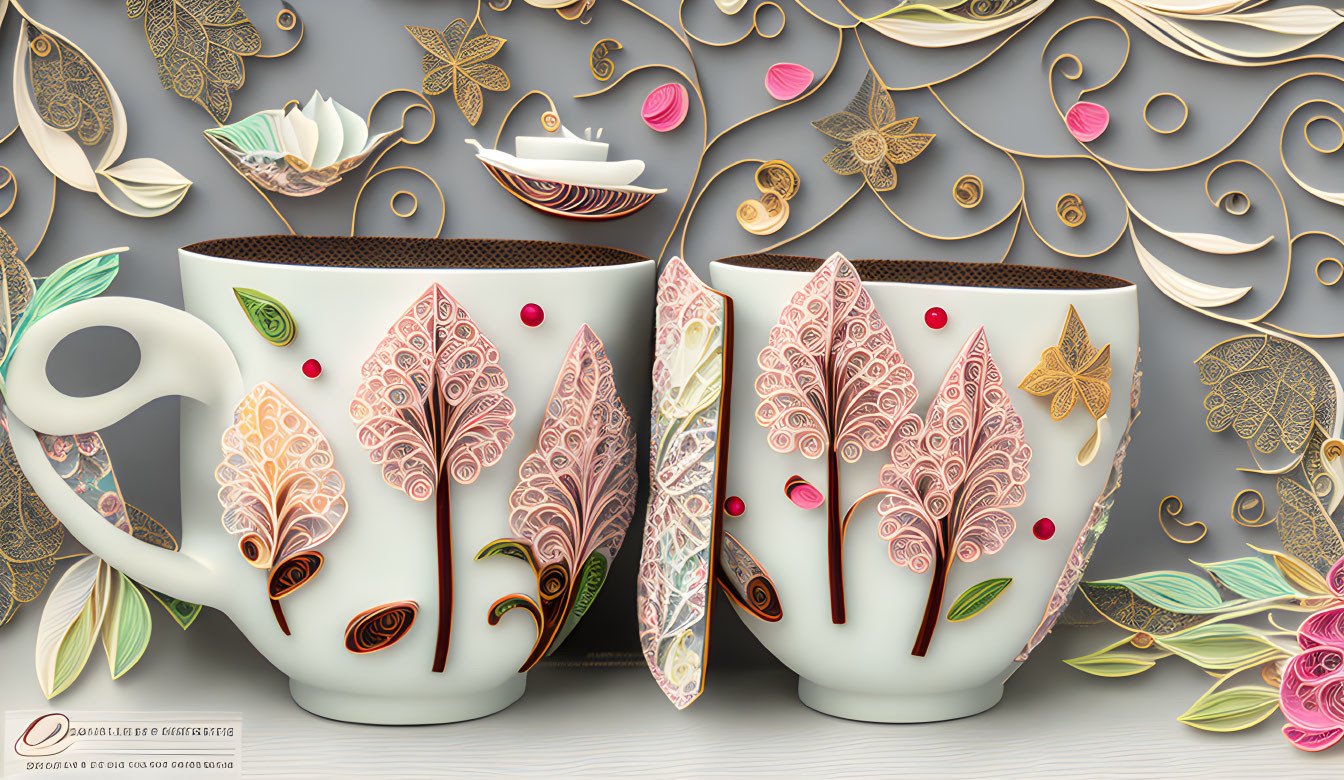 Ornate Floral and Leaf Pattern Cups on Matching Background