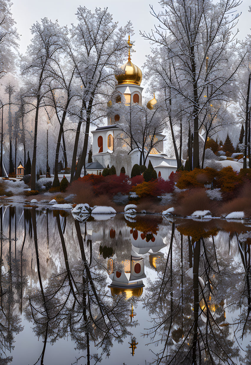 Snowy landscape with white orthodox church and golden domes reflected in water