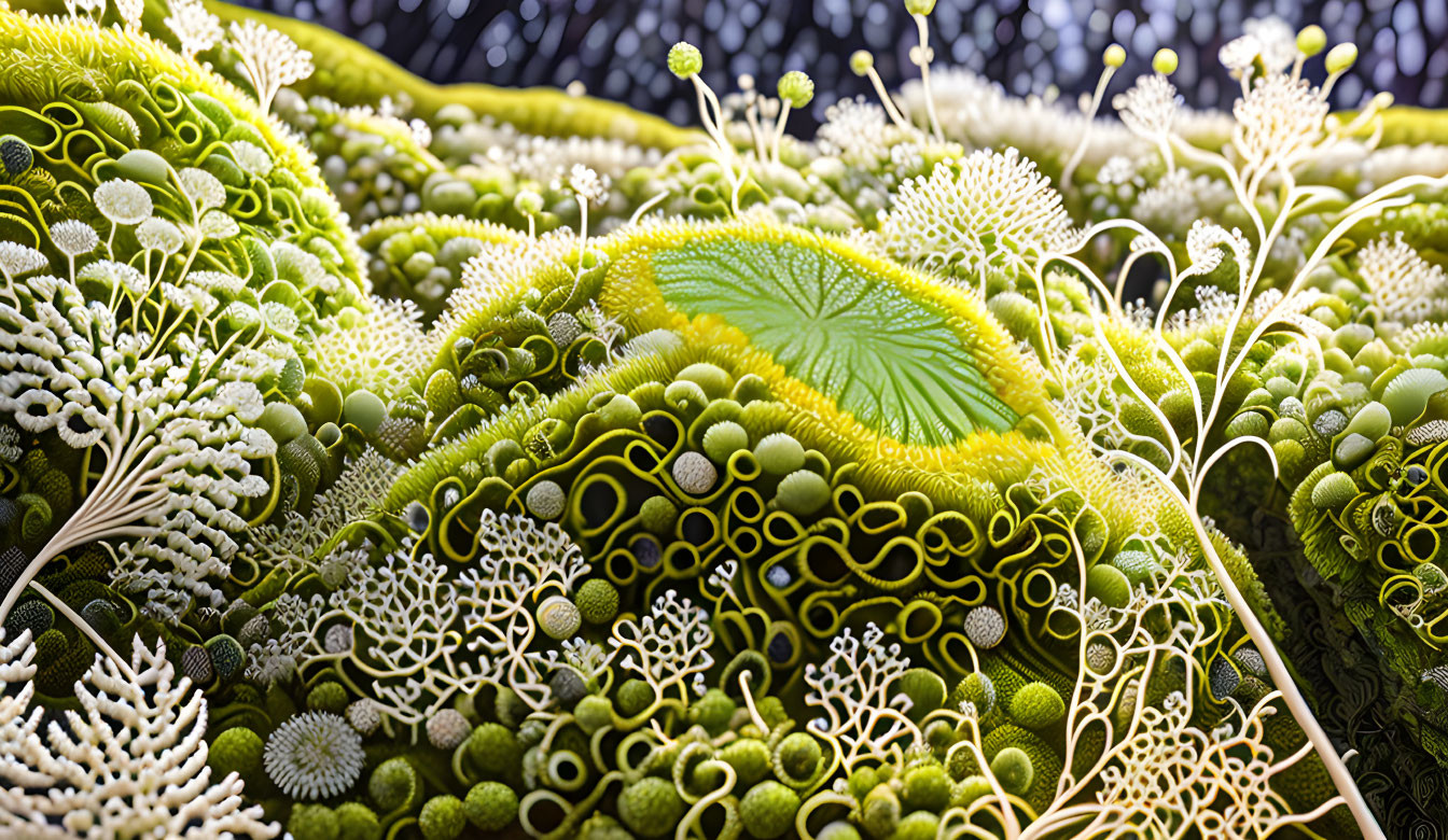 Detailed 3D rendering of diverse microorganisms in green and yellow hues