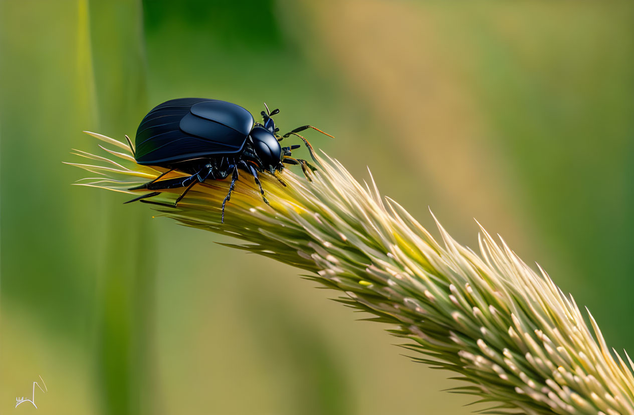 Black Beetle Crawling on Golden Spikelet Against Green Background