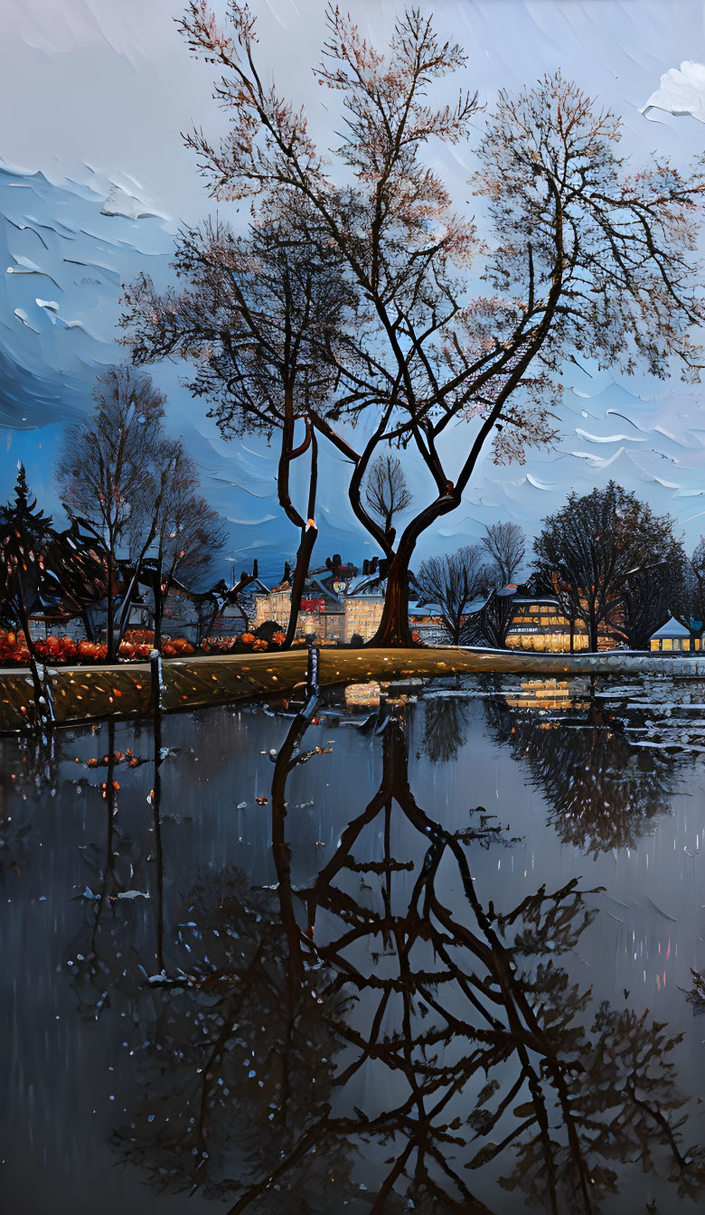 Vivid twilight painting: tree and reflection in pond