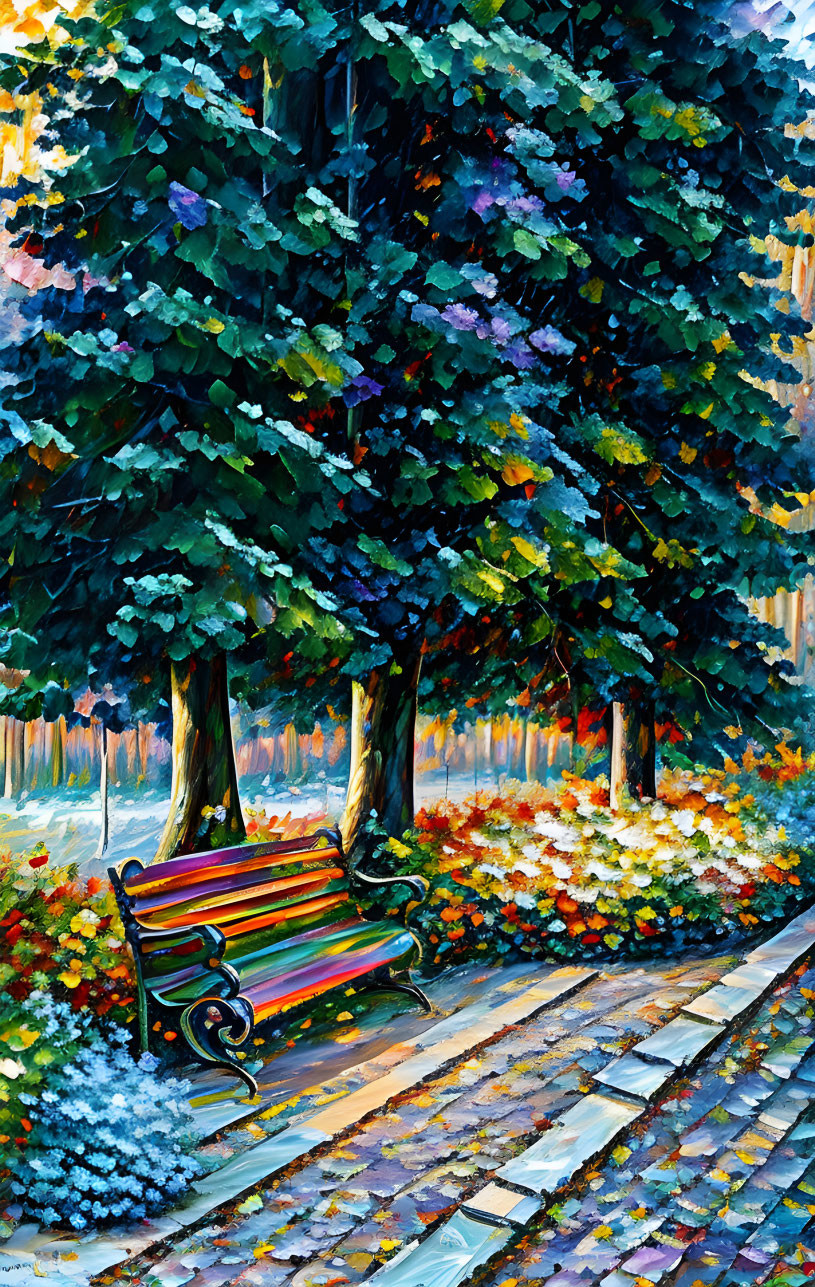 Colorful Park Painting with Bench and Trees in Impressionist Style