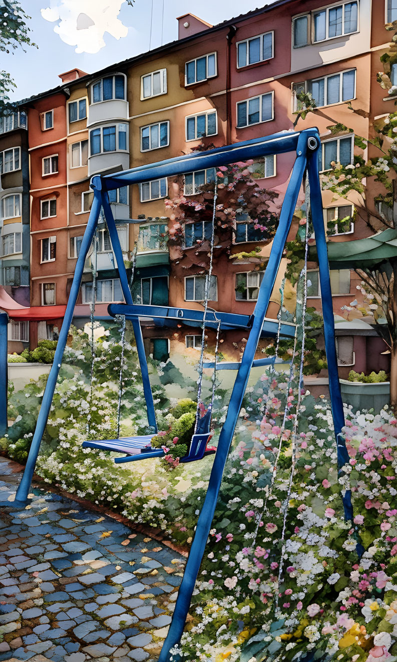 Vibrant swing set in lush garden with colorful flowers and charming buildings