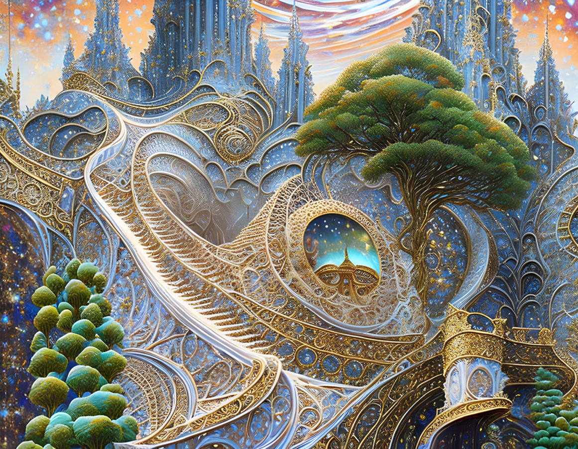 Golden landscape with swirling patterns, green trees, and blue skies depicting a dreamlike realm