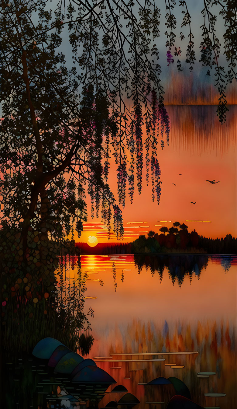 Tranquil lake at sunset with silhouetted birds, tree branches, and boats