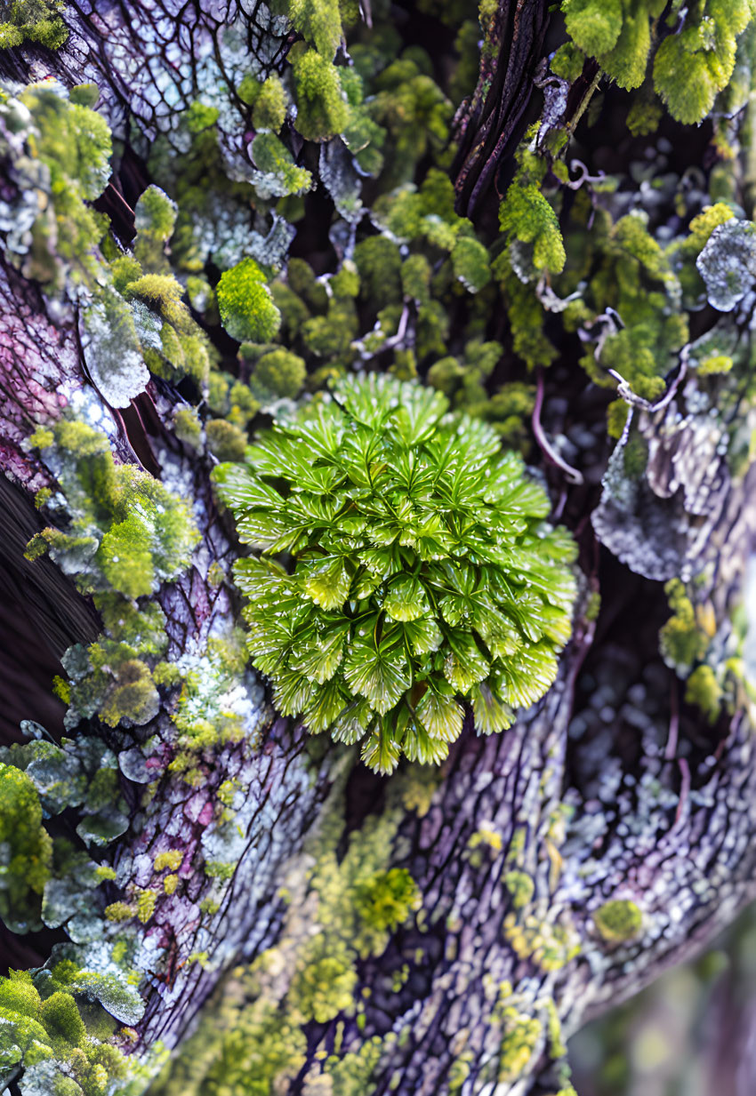 Green needle-like plant thrives on moss-covered tree bark