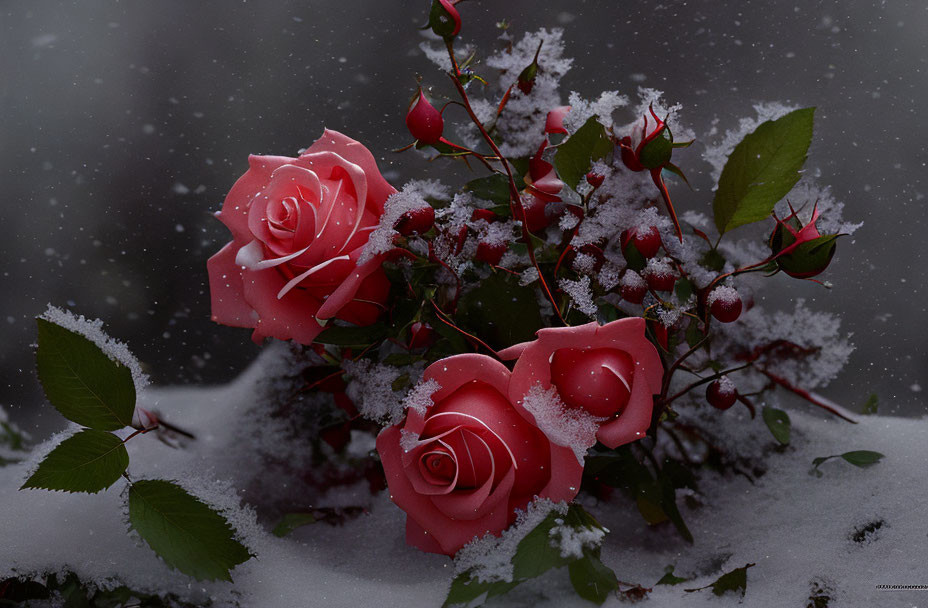 Pink Roses, Leaves, Berries, and Snowflakes on Dark Snowy Background