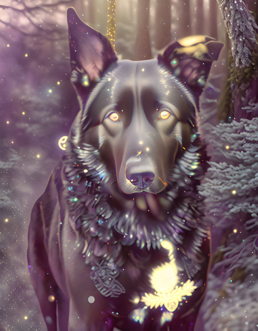 Mystical black dog with glowing eyes in dreamy forest scene