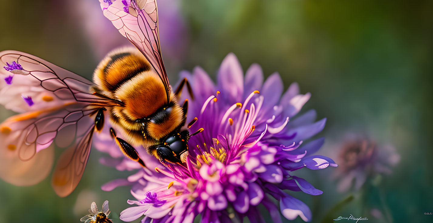 Delicate bumblebee collecting nectar from vibrant purple flower