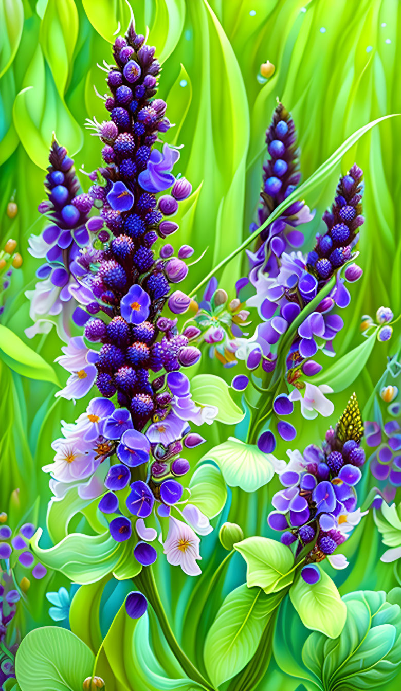 Colorful illustration of purple flowers with blue highlights and orange centers in a lush green foliage setting.