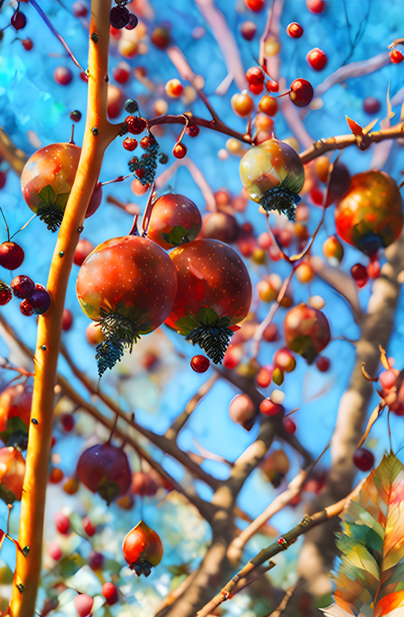 Colorful Tree Branches with Red Apples and Berries under Blue Sky