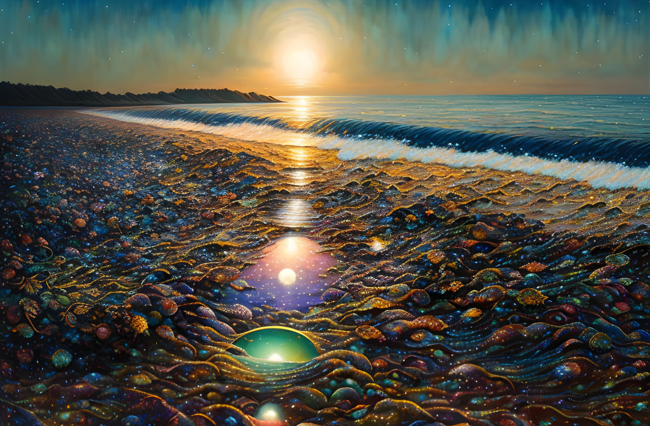 Cosmic space beachscape with planets, stars, and shining sun