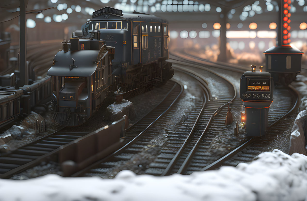 Vintage Train Arriving at Snow-Dusted Rail Yard at Dusk