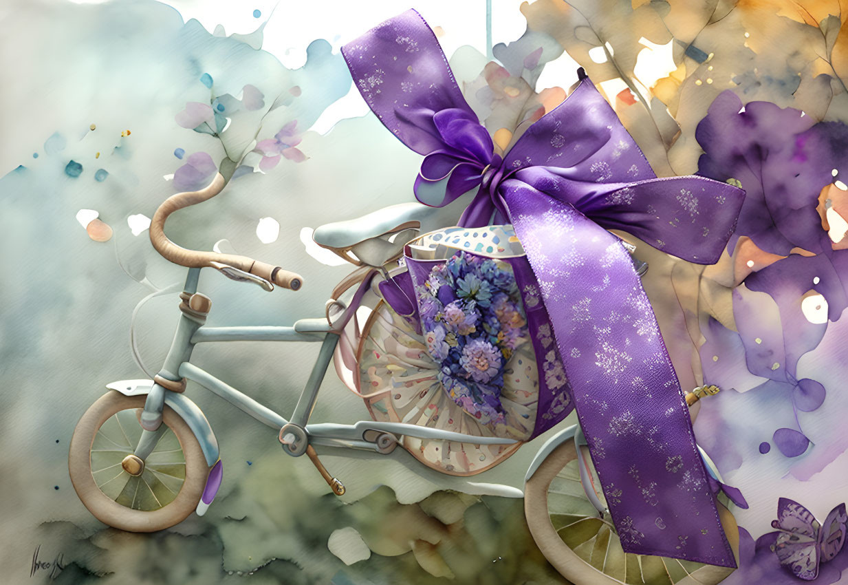 Whimsical vintage bicycle with purple bow and flower basket on pastel background