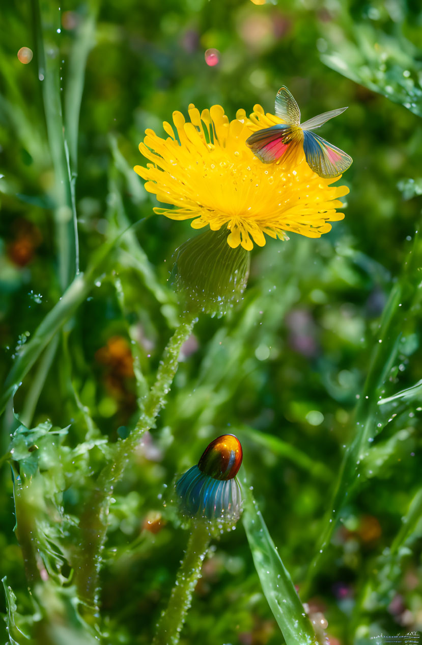 Yellow Flower with Water Droplets and Transparent-Winged Creatures on Green Background