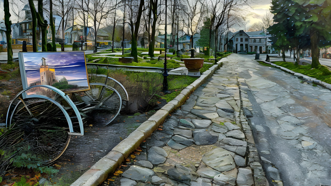 Outdoor scene with bicycle wheel art, stone pathway, benches, greenery, and lighthouse billboard.