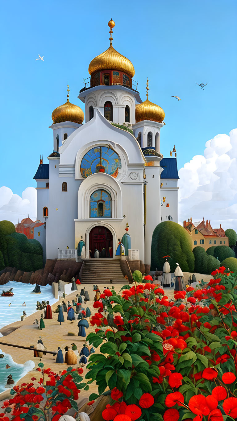 Orthodox church with golden domes, people, waterfront, and red flowers.