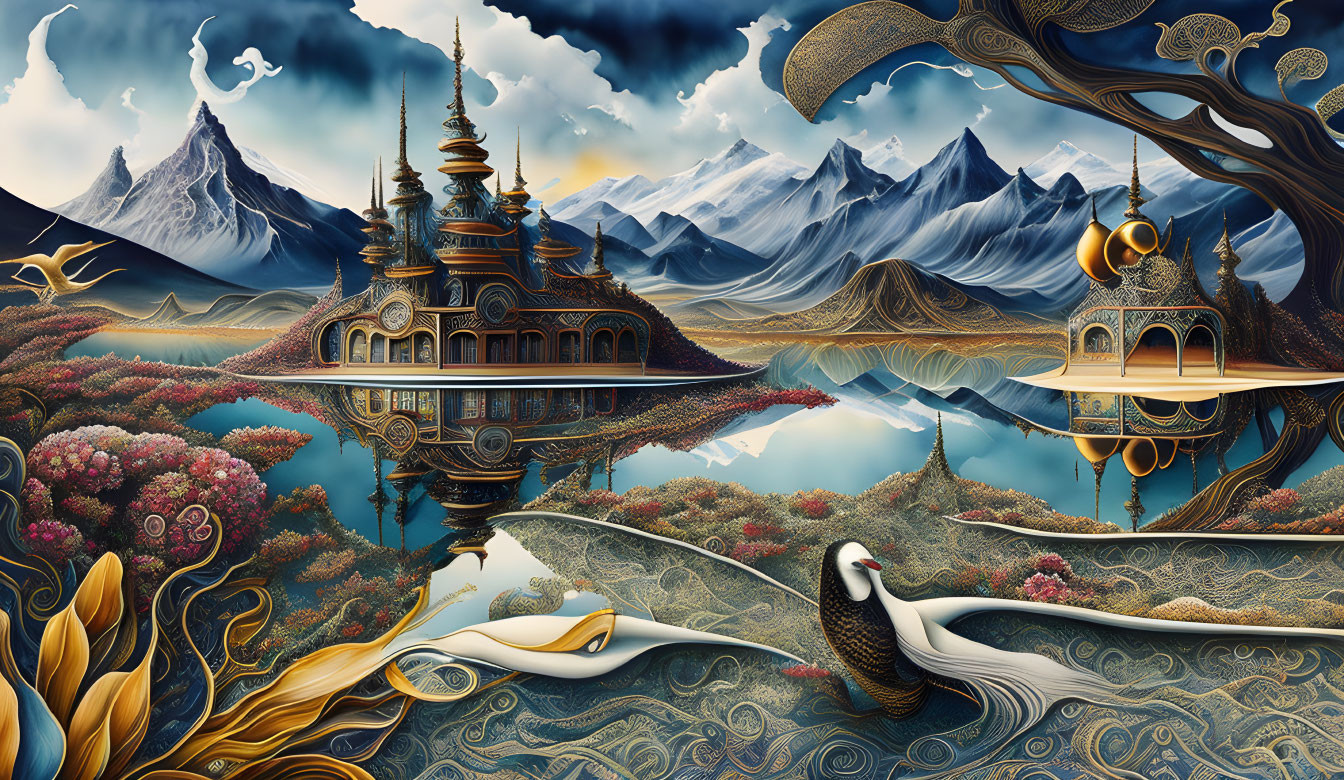 Surreal landscape with ornate temples, mountain backdrop, mirrored lakes, and white bird.