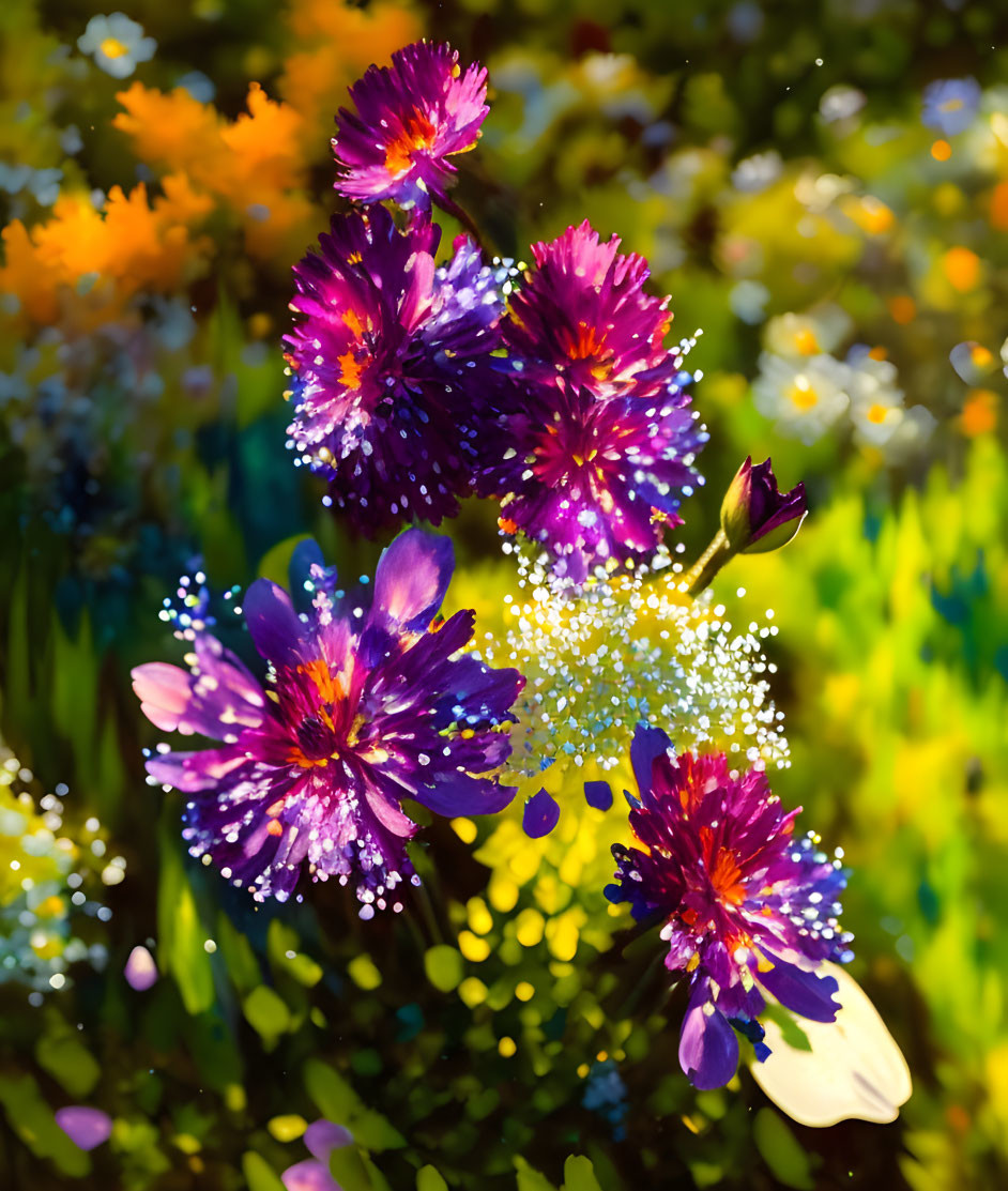 Vivid Purple Flowers with Water Droplets in Sunlight