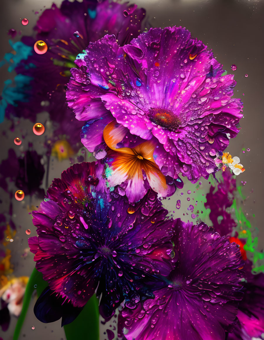 Vibrant purple flowers with water droplets and bubbles on colorful splattered background