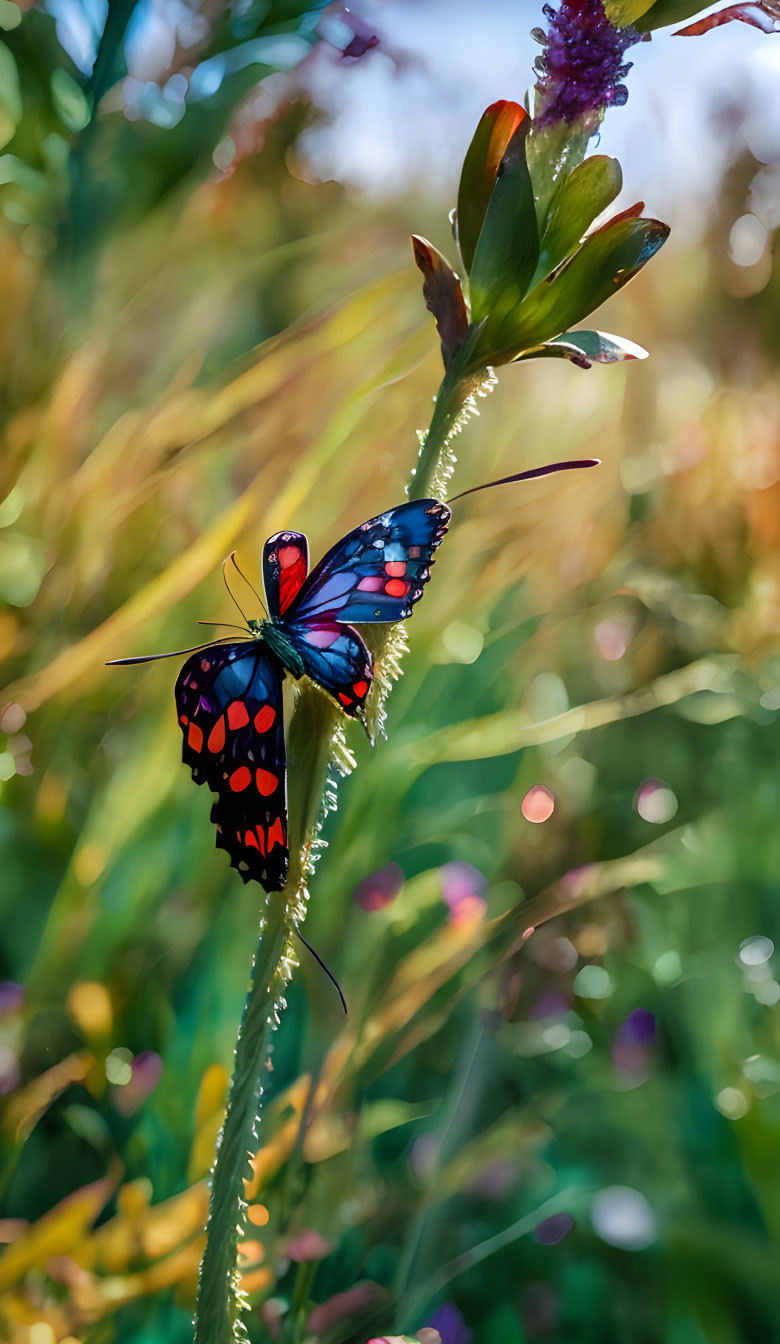 Colorful Butterfly Resting on Green Plant with Sunlit Foliage