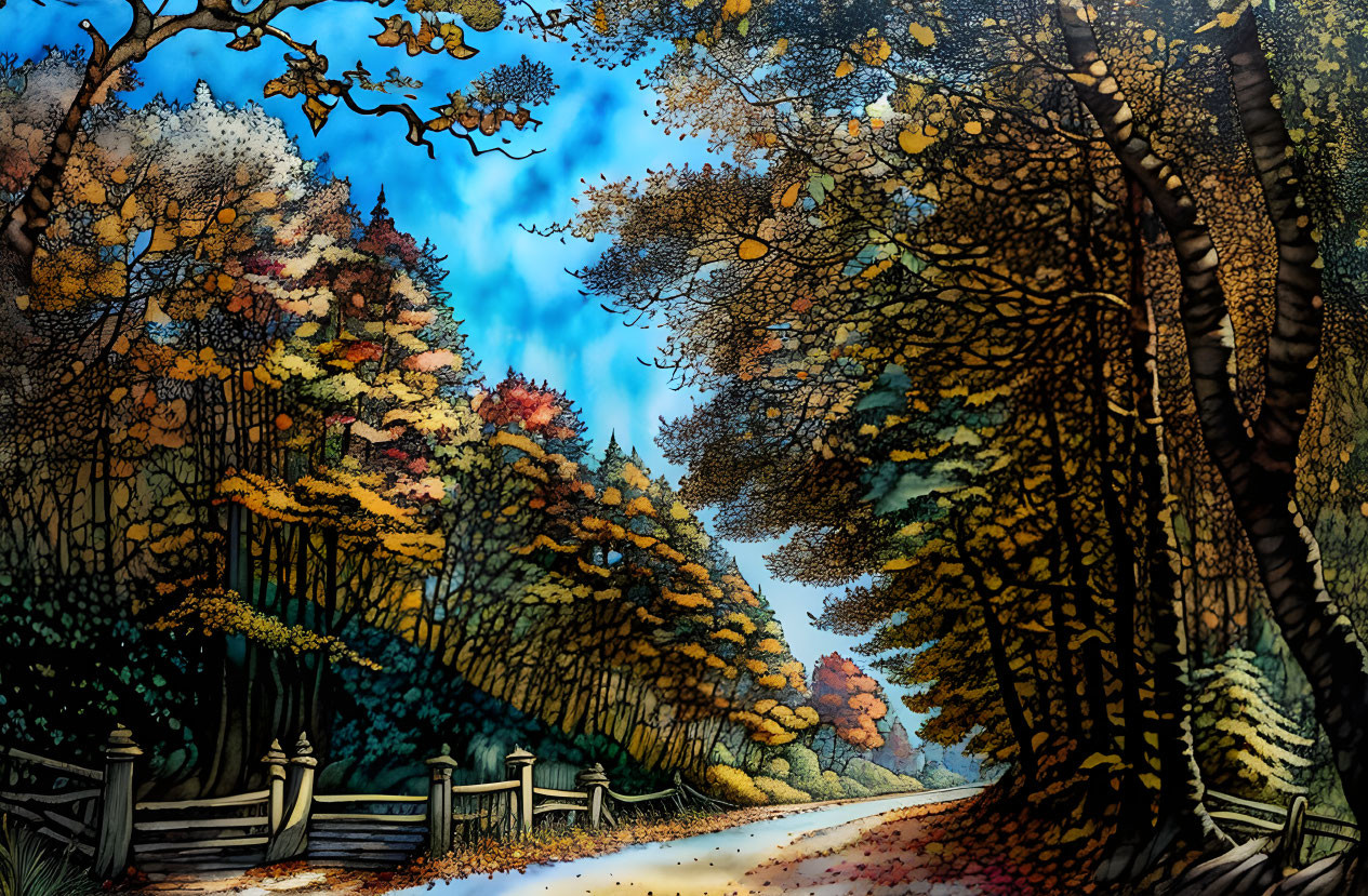 Colorful Autumn Landscape with Trees, Path, and Blue Sky