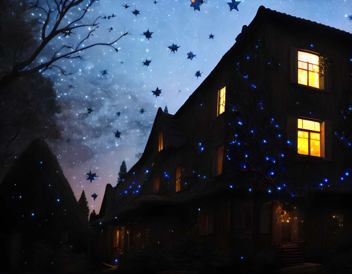 Cozy house with warm yellow-lit windows and blue star-shaped lights at night