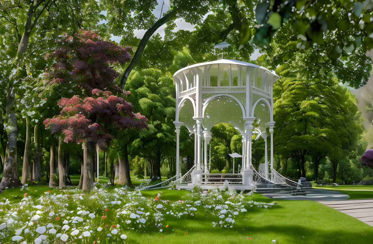 White gazebo in lush park with blooming flowers and colorful trees