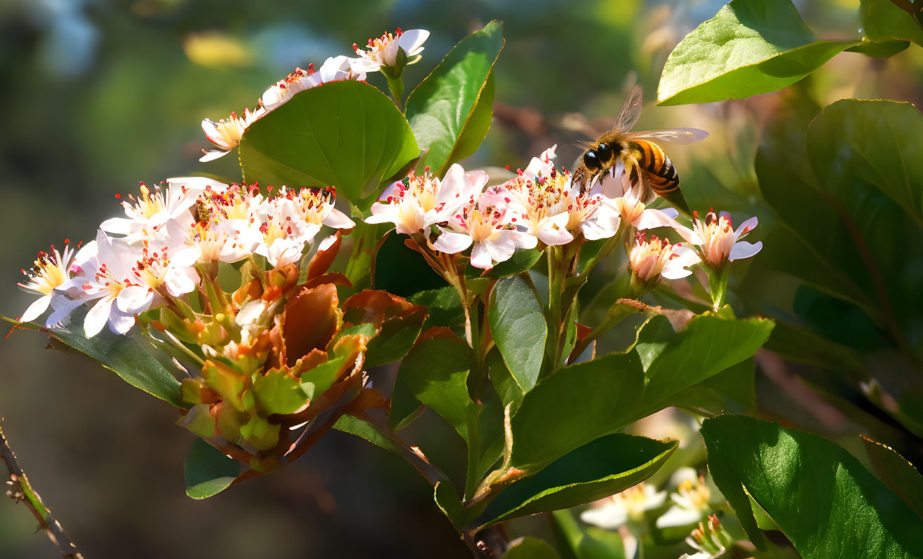 Bee gathering nectar from white and pink flowers on sunny day