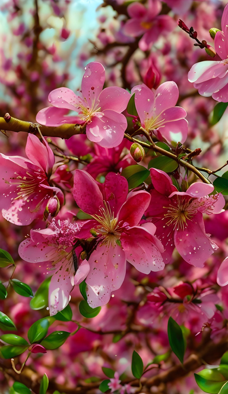 Beautiful Pink Cherry Blossoms in Full Bloom with Fresh Green Leaves