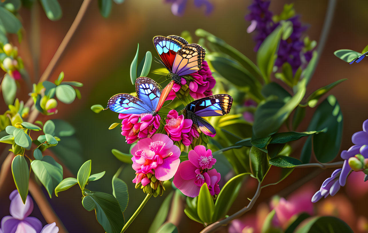 Colorful Butterflies on Pink Flowers in Lush Greenery