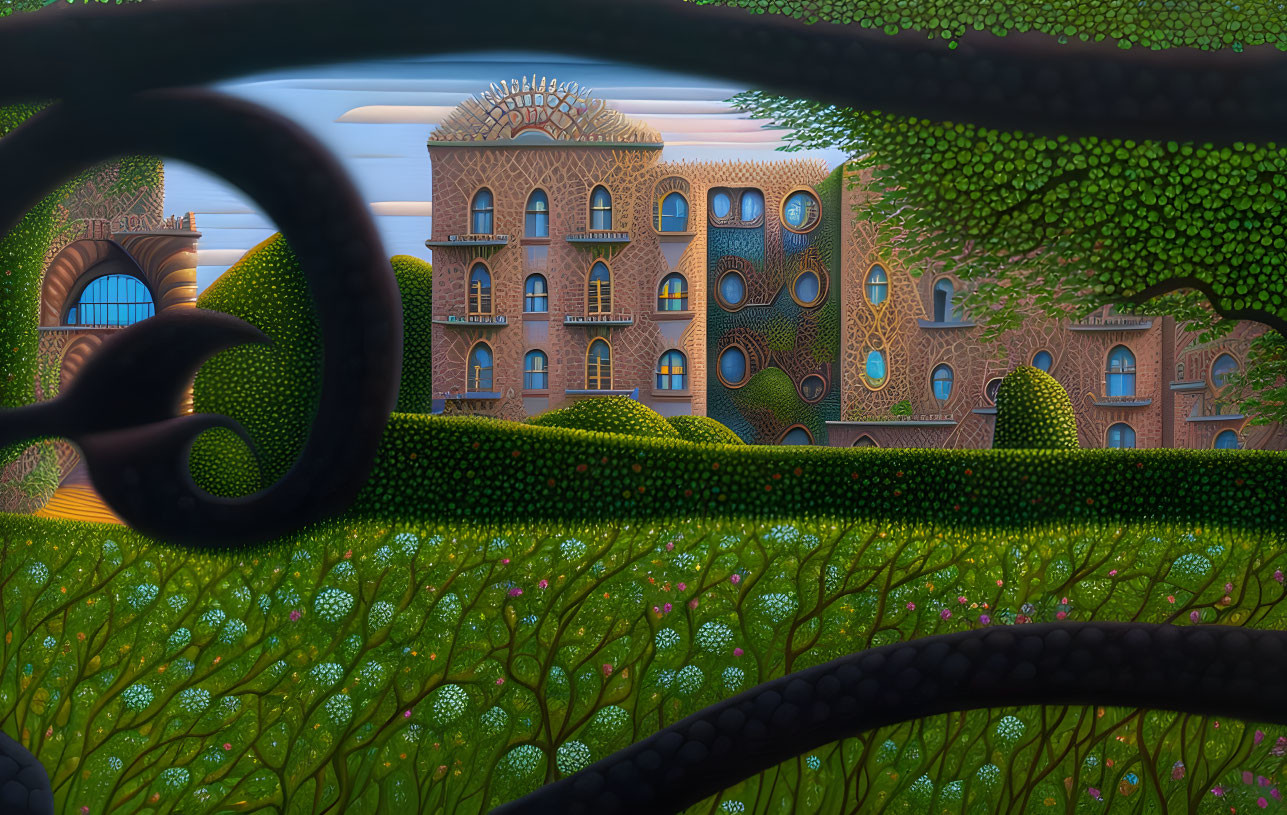 Whimsical landscape with Gaudí-inspired architecture and green foliage