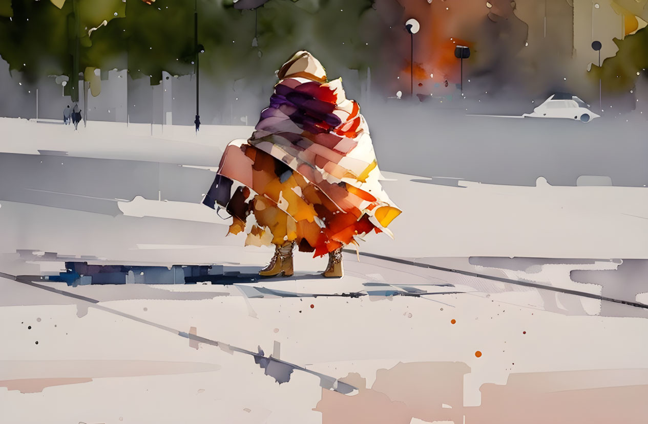 Colorful Striped Blanket Person Walking in Snowy Landscape