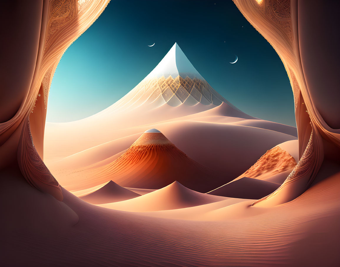 Surreal desert landscape with sand dunes, arches, pyramid mountain, and starry sky