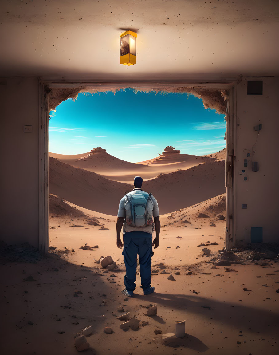 Person standing in doorway overlooking desert landscape from dilapidated building