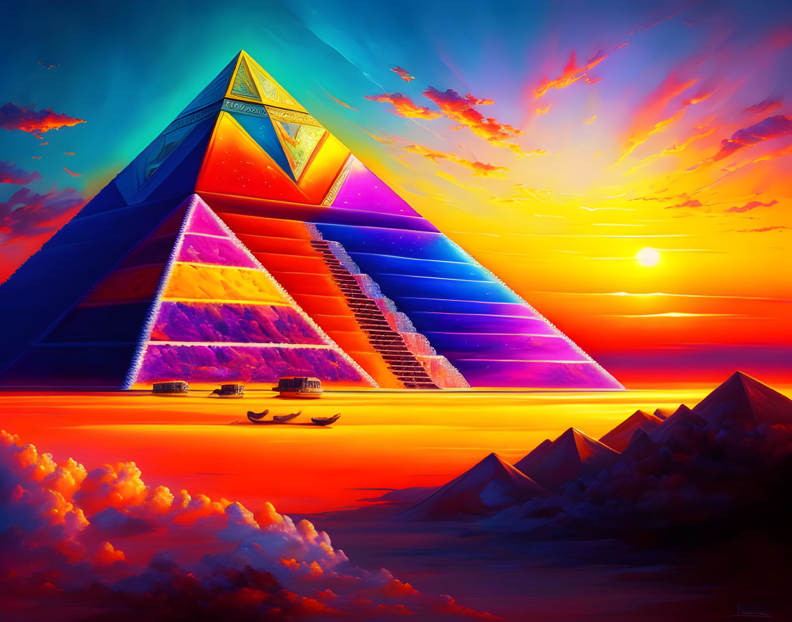 Futuristic pyramid art with luminous design in sunset setting