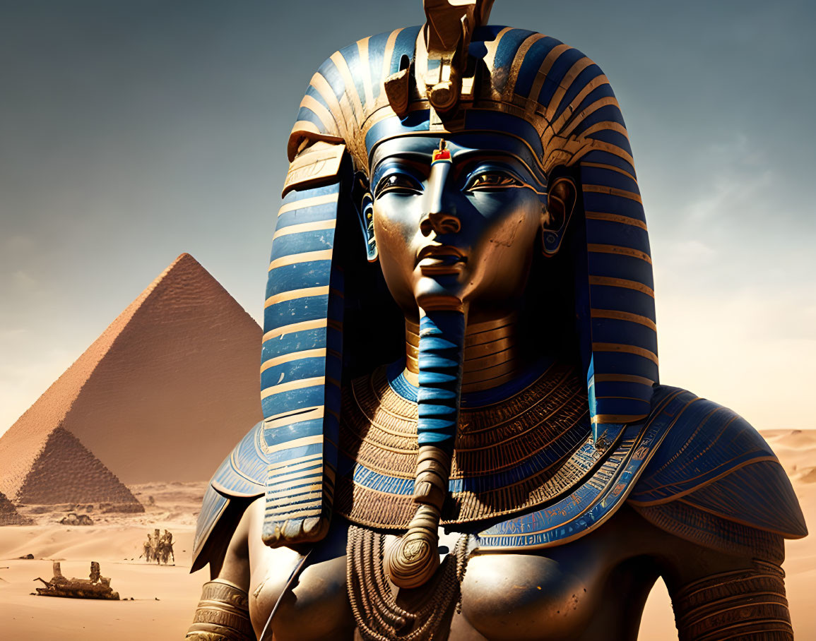 Digital illustration: Pharaoh statue, pyramid, camels - Ancient Egypt symbolism