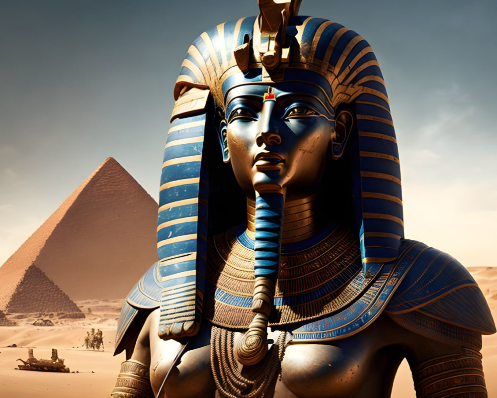 Digital illustration: Pharaoh statue, pyramid, camels - Ancient Egypt symbolism
