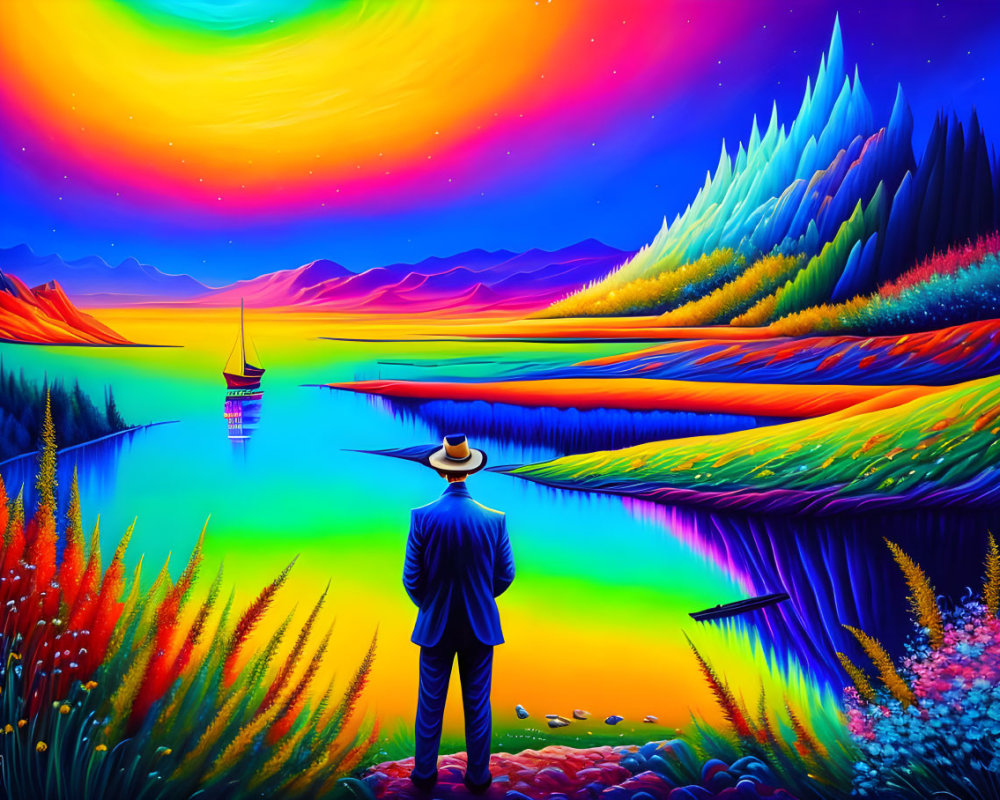 Colorful Sunset Landscape with Man in Hat by Mountainous Lake