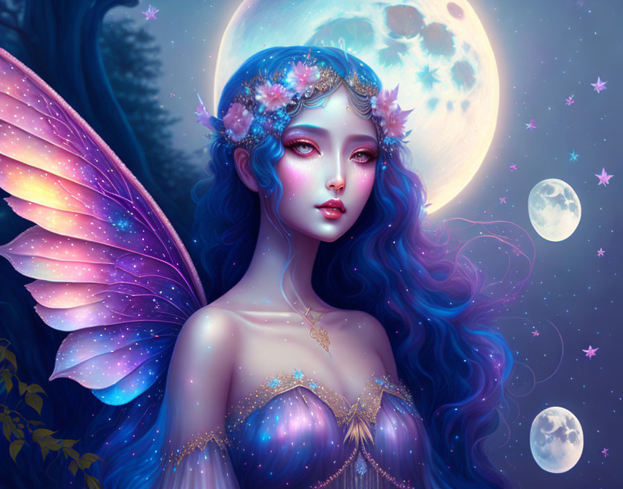 Fantasy illustration of female figure with violet butterfly wings and crown in night sky.