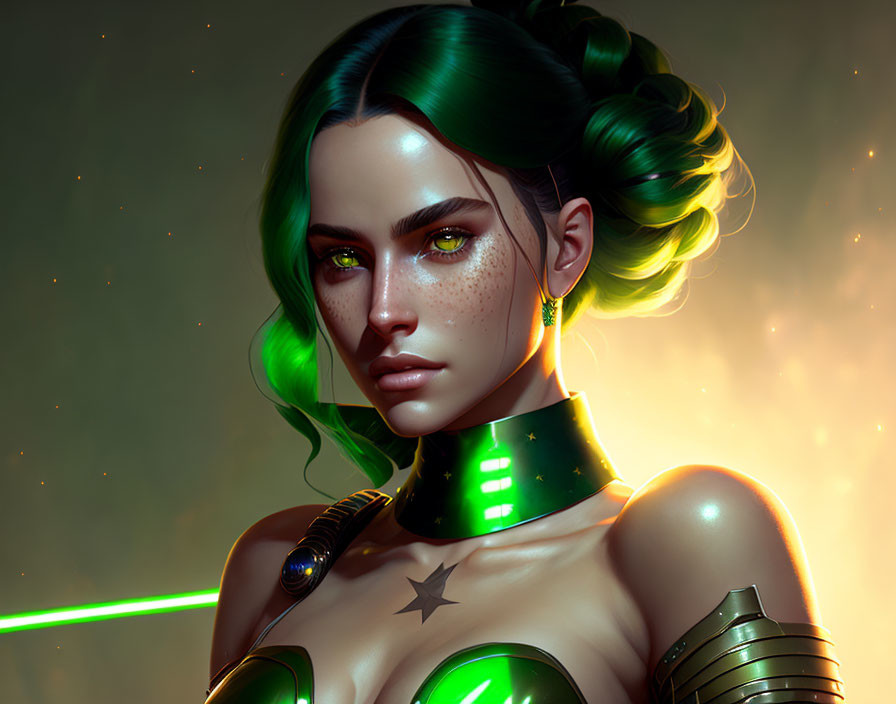 Digital artwork: Female with green hair, sci-fi attire, freckles, illuminated neckpiece